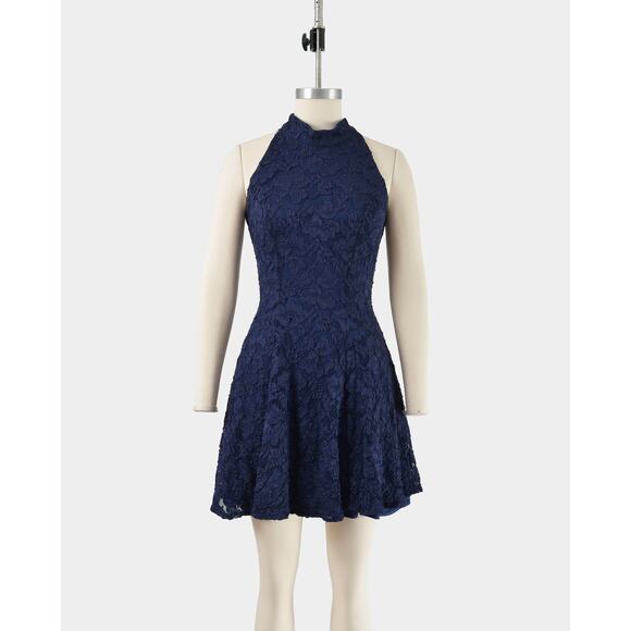 Vintage 90s Navy Lace Skater Dress Open Back Sleeveless Fit and Flare Mini XS - Picture 2 of 8